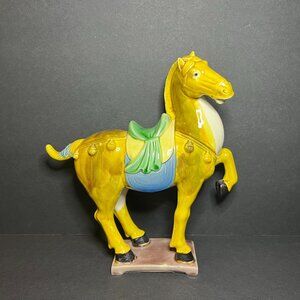 VTG Chinese Sancai Tang Dynasty Multicolor Ceramic War Horse Statue Figure 8.5"